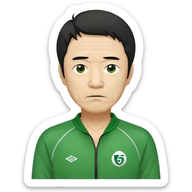 Seong Gi-hun : age 60, skinny and bony face, small mouth, unkempt black hair and tired eyes, Green player tracksuit. sticker