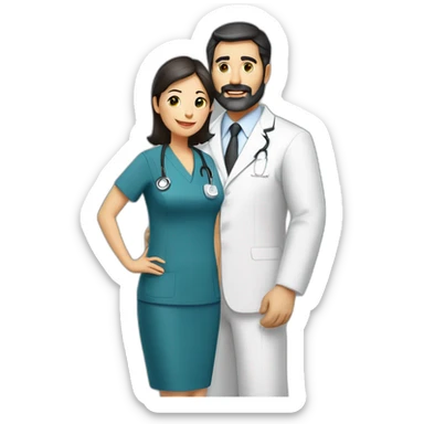 husband classic middle aged executive dark hair thin beard wearing business suit holding bible, with wife asian age 55 dark hair wearing nurse uniform sticker