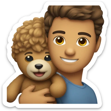 a teddy bear and a young man holding han sticker