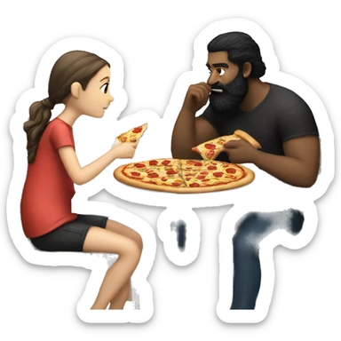 white man with black beard sitting at a table eating pizza with small white girl with black hair sticker