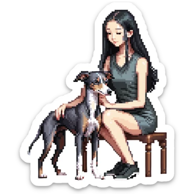 Slim Chinese girl with long black hair petting a completely solid dark grey Italian greyhound with absolutely no white anywhere on its body sticker