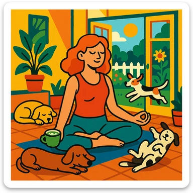 woman in a sunlit house with a garden, doing yoga, sipping matcha latte, dogs lounging and playing sticker