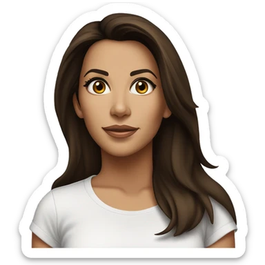 3/4 face, contrasted, shadow, light, Eva Longoria expression, standing, thin nose, brunette woman, hazel eyes, long eyelashes, dark shoulder shaded hair, white t-shirt, jeans, white sneakers sticker