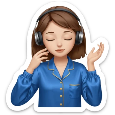 chica con pelo castaño ojos cerrados escuchando musica en pijama azul modo clean girl sticker