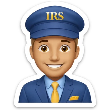 a man smiling dressed in a blue suit with a cap on that says IRS in yellow letters sticker