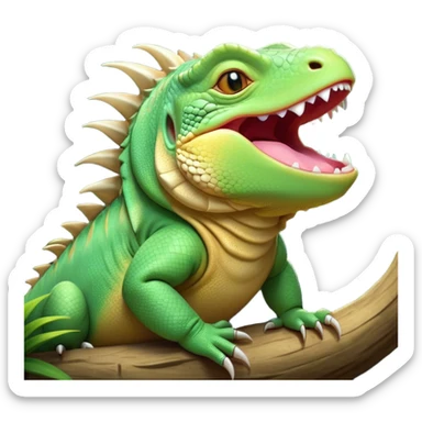 Cinematic Cute Yawning Iguana Portrait Emoji, Head tilted slightly with a dramatic, wide-open yawn, showcasing a sturdy, scaled body with a softly drooping spiky crest and sleepy, half-closed eyes, Simplified yet irresistibly adorable features, highly detailed, glowing with a soft, cozy jungle glow, high shine, relaxed yet expressive, stylized with a dash of whimsical charm, soft glowing outline, capturing the essence of a drowsy yet affectionate iguana that appears ready to stretch out for a nap! sticker