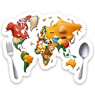 Icon for Culinary Tourism: a world map with food elements like a fork, knife, and dish, surrounded by iconic dishes from various countries. The icon should represent the exploration of global cuisines and travel experiences. Transparent background. sticker