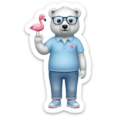 friendly anthropomorphised polar bear standing upright, chilled and unbothered, wearing a shirt, jeans, trainers, glasses decorated with small flamingo figures sticker