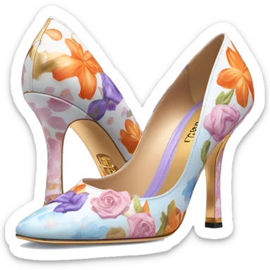 Dolce and Gabbana high heels with white and colourful lavender light blue orange pink summer print and golden detais 2023 sticker