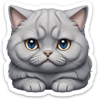 Cinematic Comical Grey Scottish Fold Cat Portrait Emoji, Head tilted with a scrunched, grumpy expression and adorable folded ears, sleek soft grey fur with subtle blue undertones, Simplified yet sharp features, highly detailed, glowing with a slightly sarcastic glow, high shine, poised but with a comically displeased demeanor, stylized with an air of playful disdain, focused yet unimpressed, soft glowing outline, capturing the essence of a grumpy yet endearing kitty with the classic Scottish Fold charm, so lifelike it feels like it could give you an exaggerated sigh and a disapproving stare at any moment! sticker