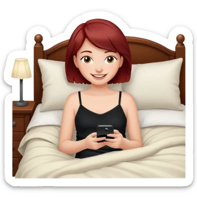 generate a pretty fair bratz girl with short dark red hair using her phone in bed, smiling . Wearing a black cami sticker