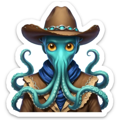 Close-up portrait of a tentacled alien cowboy, subtle glowing bioluminescent skin, tentacles partially hidden under a cowboy scarf, mysterious expression, dramatic shadow lighting, high detail, sci-fi western fusion
 sticker