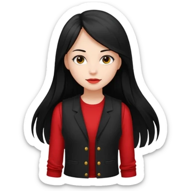 Girl with long light black straight hair and black vest and She's holding a red long-sleeved shirt from her own brand sticker