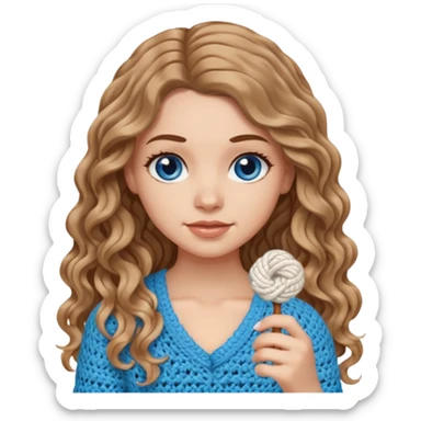White Girl with light brown wavy long hair and blue eyes crocheting sticker