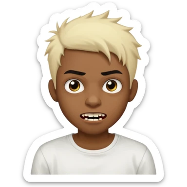 Black Male Teenager with Short punk messy blonde hair, Dark brown bushy eyebrows large expressive golden-brown eyes, wearing a plain white t-shirt, Dark Brown skin color. vampire tooth sticker