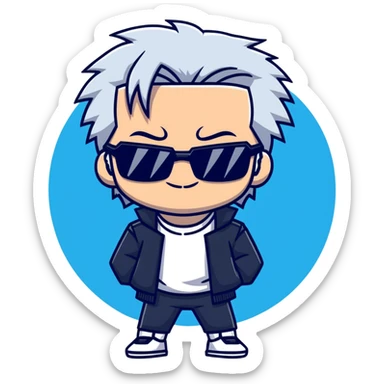 Satoru Gojo from Jujutsu Kaisen, white hair, dark sunglasses, confident smirk, blue eyes, chibi face proportions, energetic expression sticker