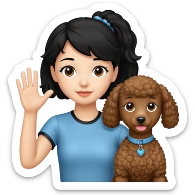 Ponytail black hair girl with brown Poodle say goodbye  sticker
