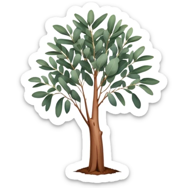 Cinematic Realistic Eucalyptus Emoji, Tall and graceful, with slender trunks covered in smooth, peeling bark and large, fragrant leaves. The eucalyptus trees sway gently in the breeze, releasing a calming aroma that fills the air. Soft glowing outline, capturing the essence of rugged beauty and natural serenity in a tall eucalyptus tree! sticker