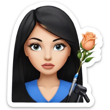 Glamours, tanned, very beautiful girl, with big pump peach-beige-rose lips, eyeliner, long lashes, black straight smooth silky long hair, straight parting hair, blue-grey eyes in black clothes for working profile sticker