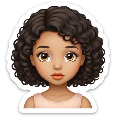 Glamourous, light brown skin tone, very beautiful toddler, with big plump peach-beige lips, long long lashes, black curly smooth short hair, straight parting hair, brown eyes sticker