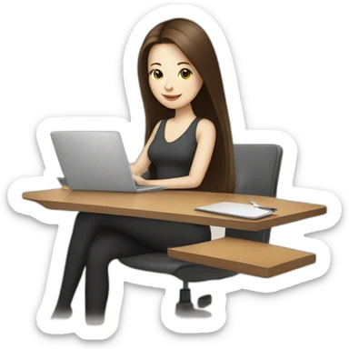 woman with long straight brown hair and pale skin using a laptop as a serving tray for a coffee mug sticker