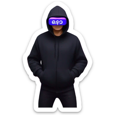 Vladimir Putin wearing a black hoodie with "OMG" letters on it and VR headset oculus quest 2 in a cyberpunk VR environment with violet neon lighting. sticker