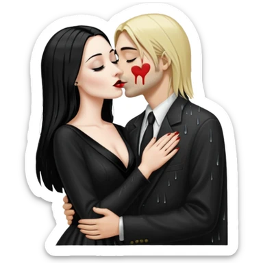Realistic morticia addams kissing sweetly Kurt Cobain in the rain. sticker