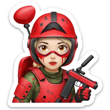 girl playing paintball with red paintball gear and only face sticker