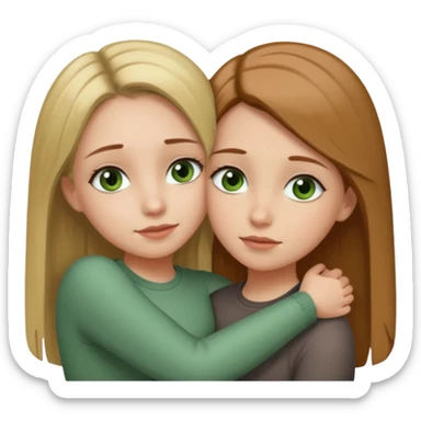 Two girls are hugging. One has dirty blonde hair with a little reddish in it. She has also grey eyes. Her hair is long and straight. The other girl has brown hair with green eyes sticker