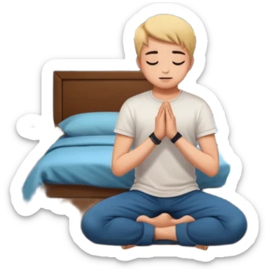 Gen Z youth kneeling in bedroom at night, praying, phone on nightstand, casual wear, posters on wall sticker