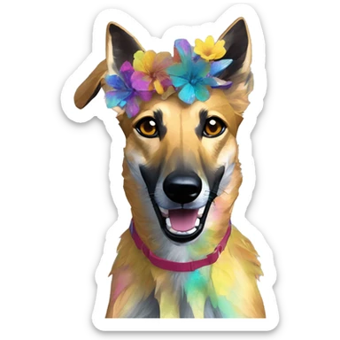  brindle brown black maroon gold lurcher Alsatian fox running blue eyes and iridescent holographic oilslick harness wearing paper iridescent tropical flower crown yellow caution tape sticker