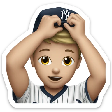 A 7 year old Yankees fan crying on the bed  sticker