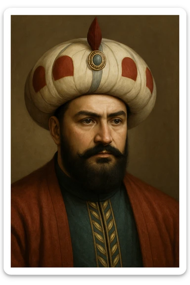 Make this contemporary art style head of Sultan Murad IV more realistic, with authentic Ottoman features, realistic textures, and a dignified expression. Render as a lifelike portrait with historical accuracy. sticker