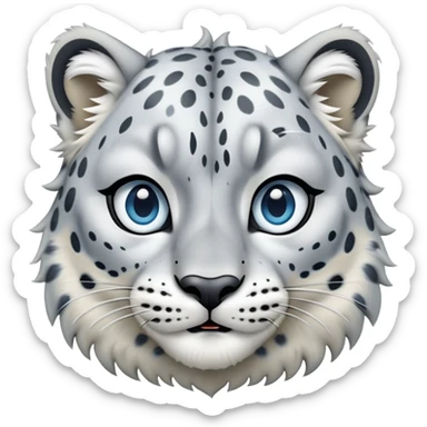 Cinematic-Comical-Snow-Leopard-Portrait-Emoji – Head tilted dramatically with an exaggeratedly amused expression, featuring a thick, spotted white-and-grey coat with a dense ruff around the neck, wide, piercing icy blue eyes filled with playful disbelief. sticker