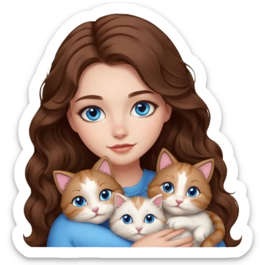 girl with long wavy brown hair, blue eyes, long lashes makeup, cuddling with 6 cute cats sticker