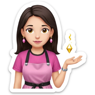 Fille cheveux long châtain foncé, peau beige type européen yeux marron, teeshirt rose avec un tablier noir, piercing au nez anneau doré, boucle d’oreille type diamant doré. Elle fait les ongles nail artiste sur le tablier écrire NIELART en rose  sticker