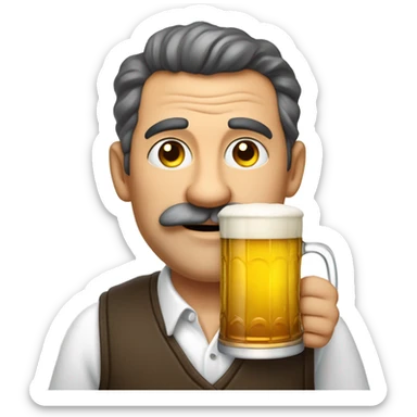 "A middle-aged man with a round face, a bushy mustache, and a jovial yet greedy expression. He wears a vest over a white shirt, holding a mug of beer, standing in a cozy tavern." sticker