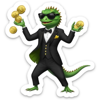 capitalist iguana banker in tuxedo and black sunglasses dancing crazy with coins sticker