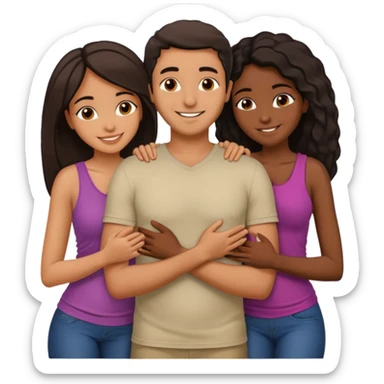 middle Eastern man with two African girlfriends he is 5 inches taller than them. They are rubbing his chest and holding each other breasts and he has his arms wrapped around them around their waist on their butts. sticker