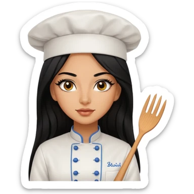 Create a persian girl, black hair, Middle Eastern with lashes  chef🧑‍🍳 emoji, barbie vibes tan skin black long hair with long lashes BADDIE VIBES long black hair and tanned skin  sticker