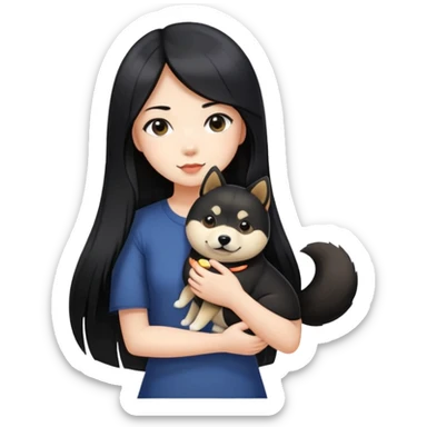 A girl with long black straight hair holding a black Shiba Inu sticker