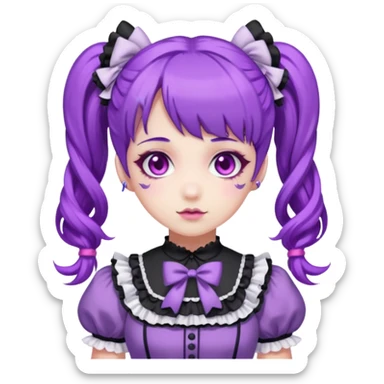 sweet lolita with purple hair in twin tails, pink eyes, white skin, wearing a purple and white frilly dress sticker