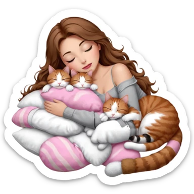 girl with long wavy brown hair, brown eyes, long lashes makeup, sexy pink lips, light to medium complexion,  sleeping on a cozy pillow, with 6 cats: 1 brown and white tabby cat, 1 ginger and white, 2 grey and white, 1 grey with white mittens and small white patch on chest and 1 calico, sleeping sticker