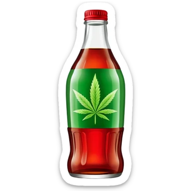 iconic curved Coca-Cola style glass bottle in red with a green cannabis leaf printed on it sticker