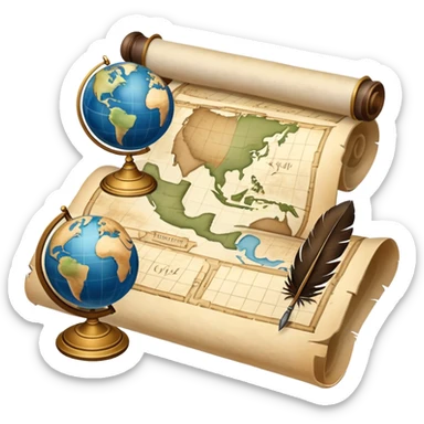 An icon featuring an ancient scroll, a quill pen, and a globe, symbolizing the study of history. The design includes a timeline with significant historical events, with ruins in the background to evoke past civilizations. Transparent background emphasizes the exploration of human history sticker