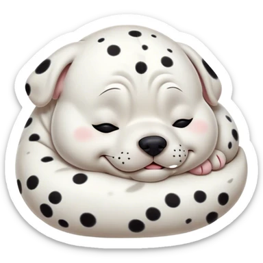 Cinematic Meme-Worthy Chubby Sleeping Dalmatian Portrait Emoji, Head resting peacefully with a contented smile, showcasing a delightfully chubby build and a luxuriously soft white coat with bold black spots, eyes shut in a serene nap, Simplified yet hilariously adorable features, highly detailed, glowing with a soft, drowsy light, high shine, relaxed and utterly lovable, stylized with an air of playful laziness, bright and heartwarming, soft glowing outline, capturing the essence of a comically sleepy Dalmatian, so meme-worthy it feels like it could instantly become the next viral sensation of adorable slumber! sticker