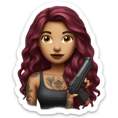 Beautiful tattooed burgundy long haired woman with a gun sticker