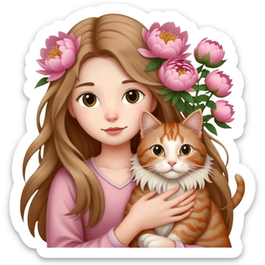 A long haired girl holding a long haired tabby in peony sticker