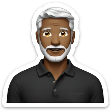 a slim man in 40s with gray hair and trimmer white beard wearing black polo shirt sticker