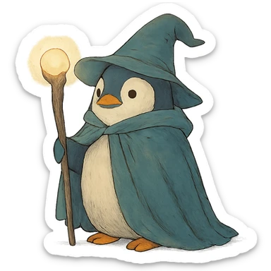 magical atmosphere penguin wizard holding a staff, wearing a wizard hat, ghibli style sticker
